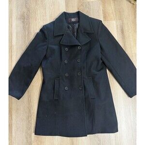 Vintage Stephanie Mathews Black Wool Double Breasted Trench Coat Size Large